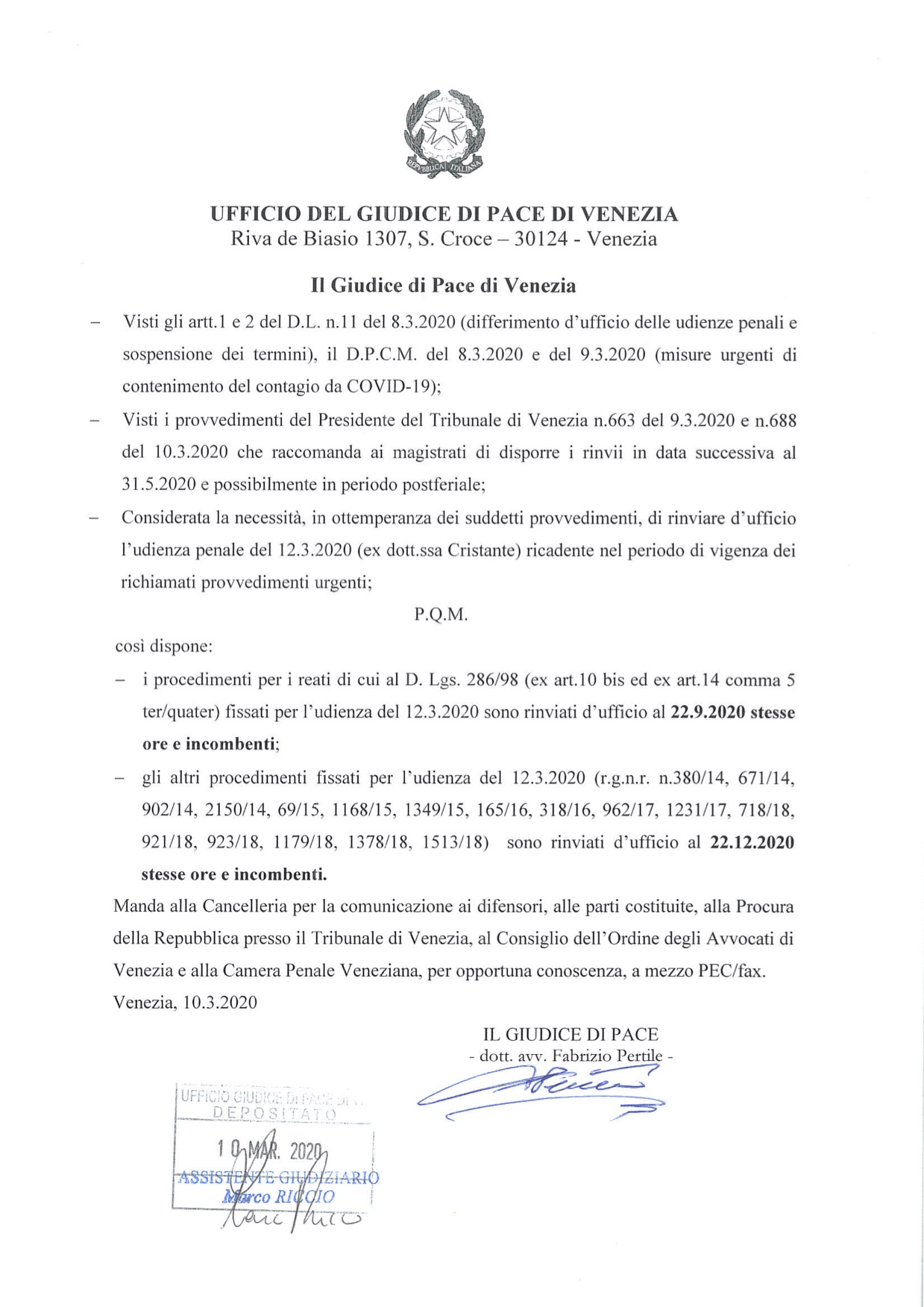 Ordinanza rinvio udienza 12.03.2020 Giudie di Pace di Venezia Dott. Pertile